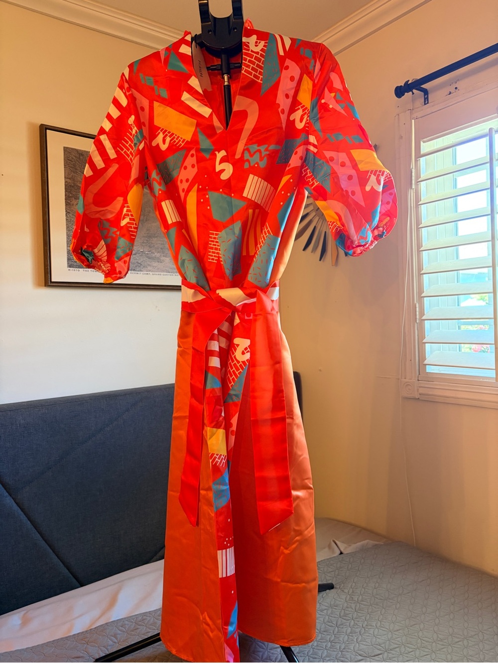 Bold Red Abstract Print Tie-Waist Casual Dress | Vonda XL NWT